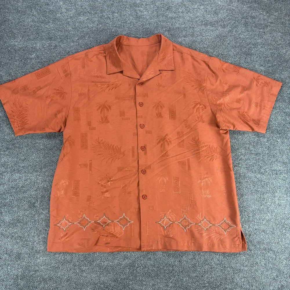 Mens Burnt Orange Tropical Palm Jacquard Camp Shirt Embroidered Hem Short Sleeve